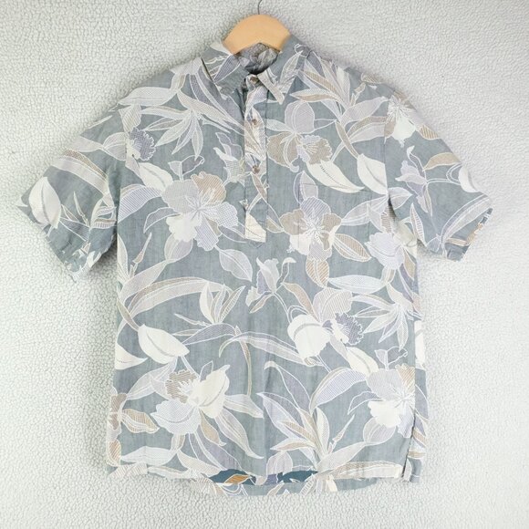 Vintage Shirt Mens Medium Blue White Floral Popover Reverse Print Short Sleeve - Picture 1 of 8